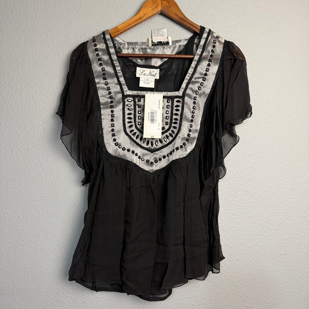 NWT La Nuit Black Silk Beaded Embellished Square Neck Flutter Sleeve‎ Blouse 14